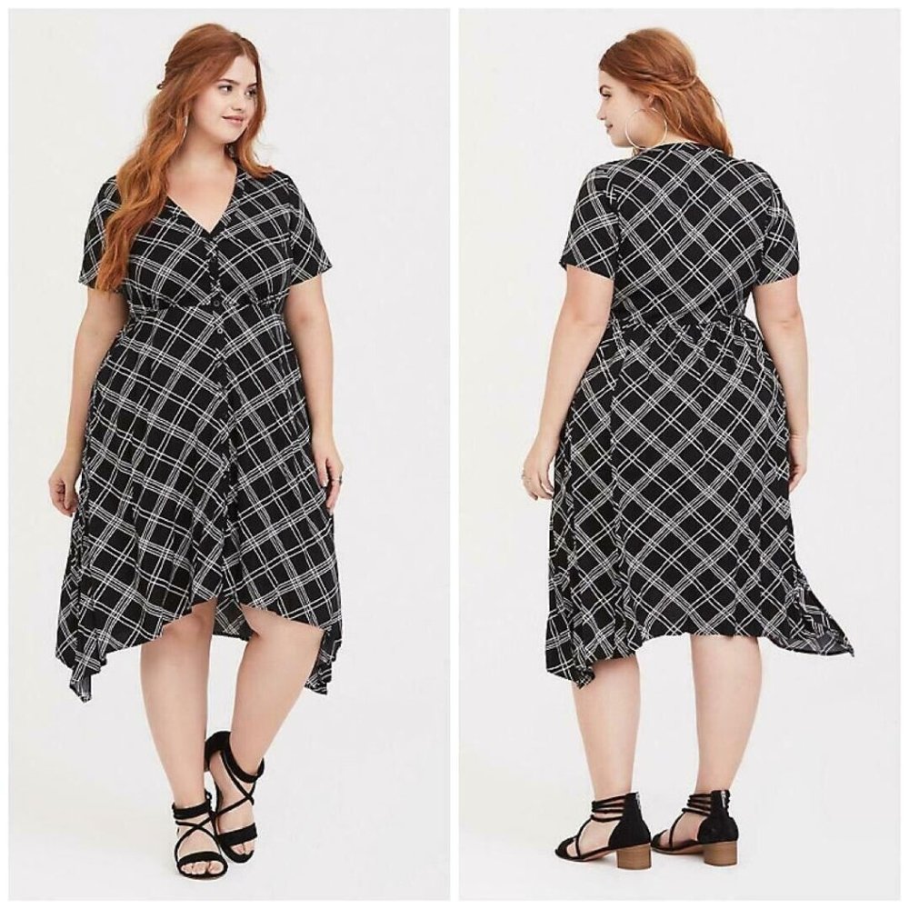 TORRID Black Plaid Challis Sharkbite Shirt Dress